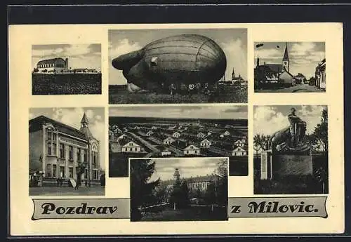 AK Milowitz / Milovice, Ballon, Kirche, Denkmal, Lager