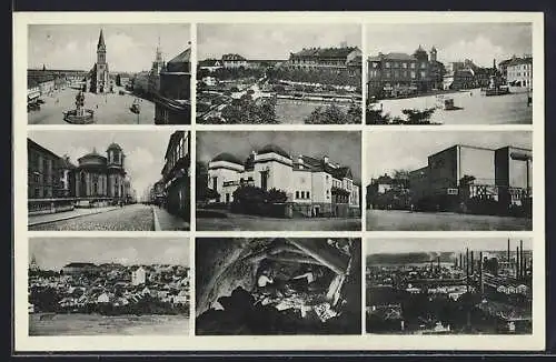 AK Kladno, Marktplatz mit Geschäften und Brunnen, Fabrik, Strassenpartie, Gebäudeansicht