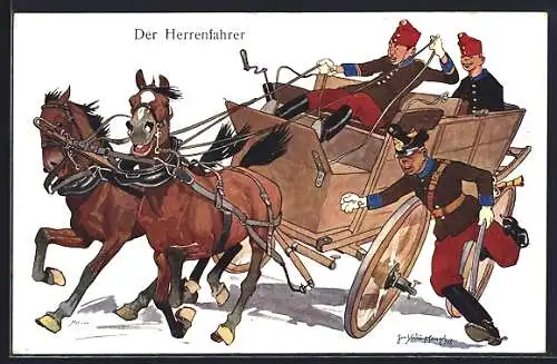 Künstler-AK Fritz Schönpflug: Der Herrenfahrer, Kutsche, Soldatenhumor