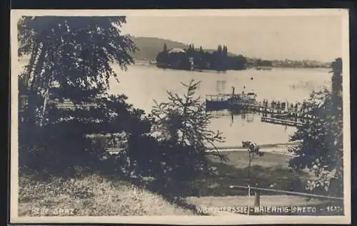 AK Maiernigg, Blick über den Wörthersee zur Insel, Dampfer