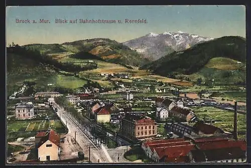 AK Bruck a. Mur, Bahnhofstrasse und Rennfeld aus der Vogelschau