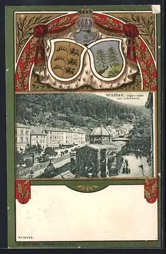 Passepartout-Lithographie Wildbad / Enz, Olgastrasse mit Trinkhalle, Wappen und Eichenzweig
