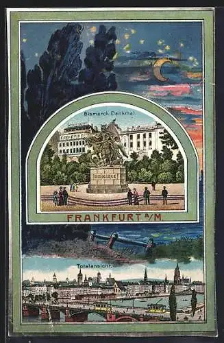 Lithographie Frankfurt a. M., Bismarck-Denkmal mit Restaurant Kaiserkeller, Passepartout mit Totalansicht und Mondschein