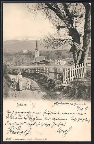 AK Ambras bei Innsbruck, Ortsansicht, im Hintergrund das Schloss