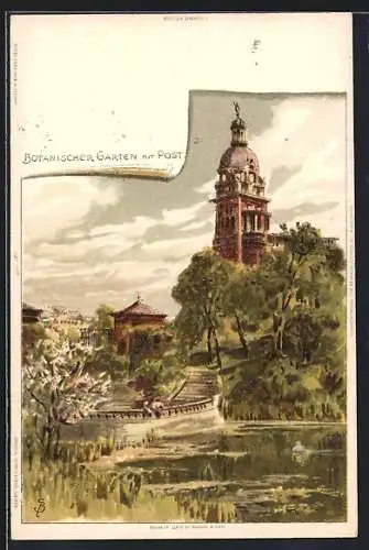 Künstler-Lithographie Carl Biese: Hamburg-St.Pauli, Botanischer Garten mit Post