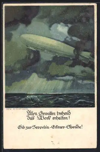 Künstler-AK Otto Amtsberg: Zeppelin im Gewitter über dem Meer, Zeppelin-Eckener-Spende