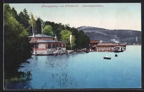 AK Krumpendorf am Wörthersee, Gasthaus Seerestauration, vom Wasser gesehen