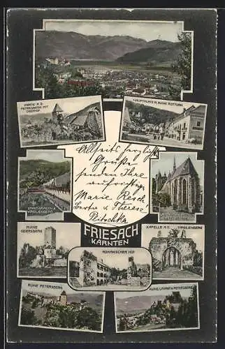 AK Friesach, Romanischer Hof, Ruine Petersberg, Ortsansicht aus der Ferne