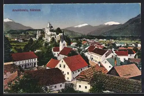 AK Arnoldstein, Ortschaft mit Ruine aus der Vogelschau