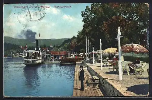 AK Pörtschach, Dampfer hält am Wahlisstrand auf dem Wörthersee