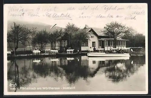 AK Pörtschach /Wörthersee, Gasthaus Inselwirt mit Bootspartie