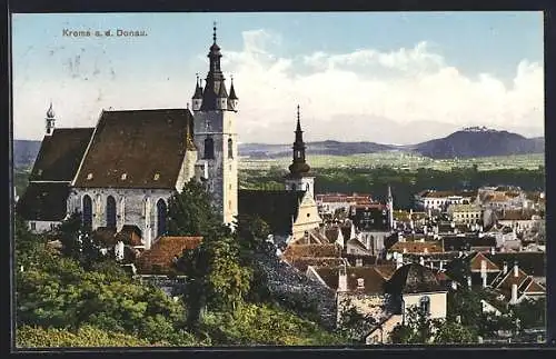 AK Krems a. d. Donau, Stadttotale mit der Kirche auf dem Hügel