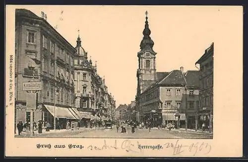 AK Graz, Herrengasse mit Geschäften, Pferdekutsche