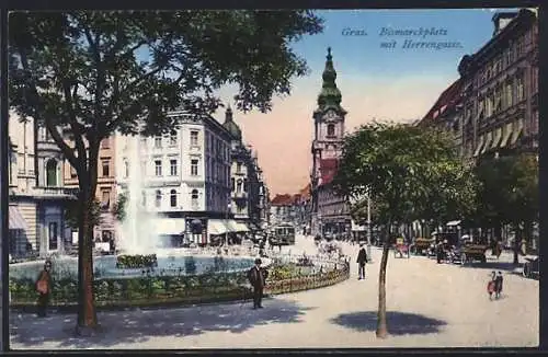 AK Graz, Bismarckplatz mit Strasse Herrengasse und Brunnen