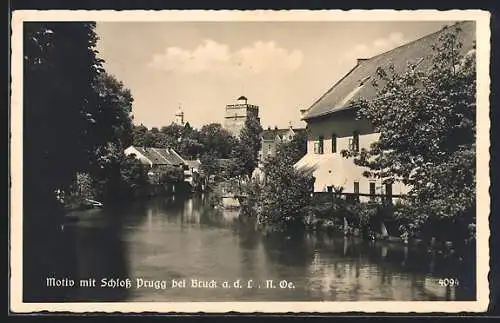 AK Bruck an der Leitha, Uferpartie mit Schloss Prugg