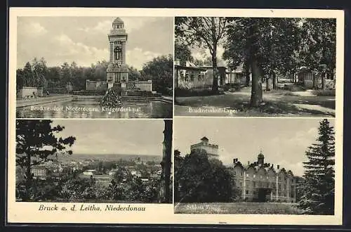 AK Bruck a.d. Leitha, Schloss Prugg, Kriegerdenkmal und Ortsansicht