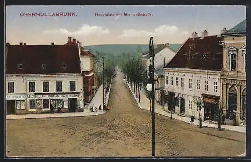 AK Hollabrunn, Oberhollabrunn, Hauptplatz und Bismarckstrasse mit Buchhandlung Maximilian Jordan