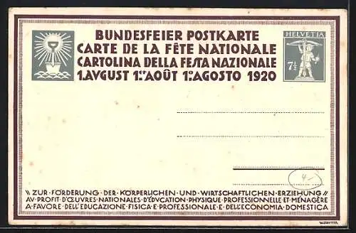 Künstler-AK Schweizer Bundesfeier 1920, Männer und Frauen bei der Feldarbeit