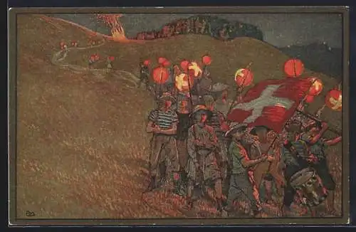 AK Schweizer Bundesfeier 1912, Rotes Kreuz, Lampion-Umzug