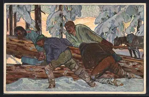 Künstler-AK Schweizer Bundesfeier 1920, Holzfäller bei der Arbeit im Wald