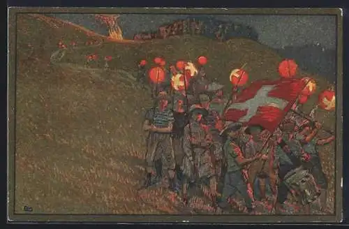 AK Schweizer Bundesfeier 1912, Rotes Kreuz, Lampion-Umzug