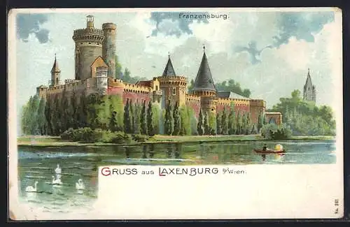 Lithographie Laxenburg, Kahnpartie an der Burg