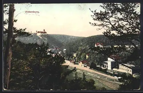 AK Rosenburg, Ortsansicht mit Burg vom Waldrand aus