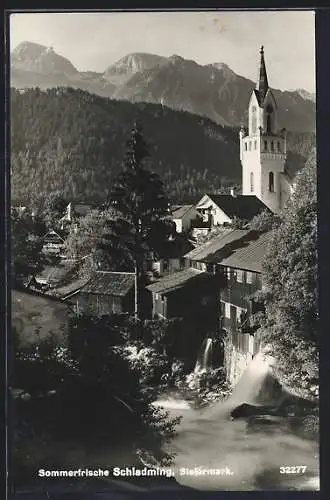 AK Schladming, Ortspartie am Fluss mit Blick zur Kirche