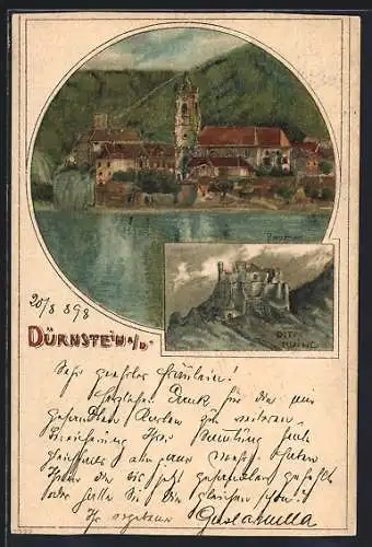 Künstler-AK Dürnstein a. Donau, Ortsansicht, Ruine