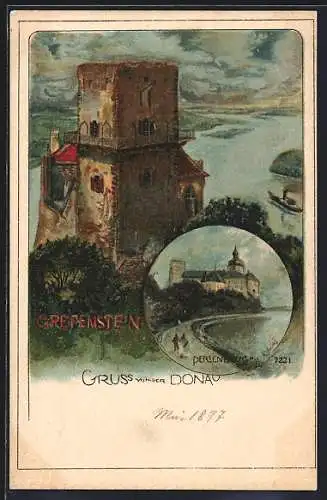 Lithographie Greifenstein /Donau, Burg an der Donau