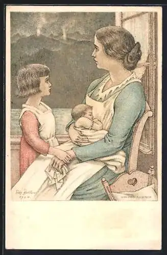 Ganzsache-AK Schweizer Bundesfeier 1924 für unsere Notleidenden, Mutter stillt ihr Baby, Mädchen