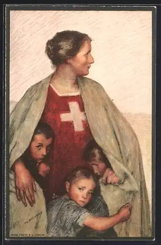 AK Henri Dunant, Schweizer Rotes Kreuz, Helvetia mit Kindern