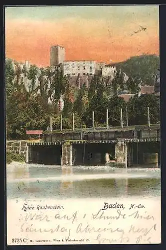 AK Baden bei Wien, Ruine Rauhenstein mit Brücke