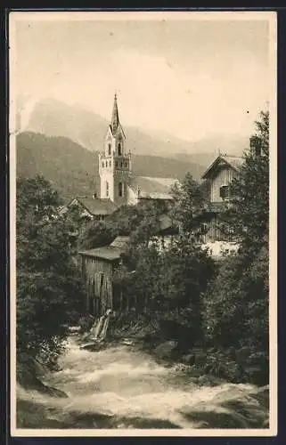 AK Schladming, Talbachpartie mit Blick zur Kirche