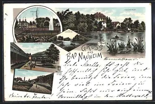 Lithographie Bad Nauheim, Sprudel, Kurbrunnen, Teichhaus, Gradirwerke