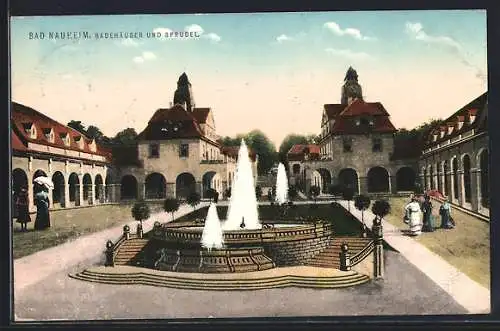 AK Bad Nauheim, Blick auf Badehäuser und Fontänen