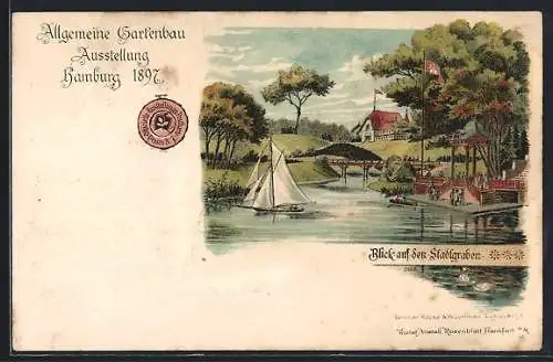 Lithographie Hamburg, Allgemeine Gartenbau-Ausstellung 1897, Stadtgraben mit Segelboot