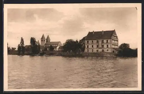 AK Reichenau-Niederzell, Bootspartie mit Blick nach der Kirche