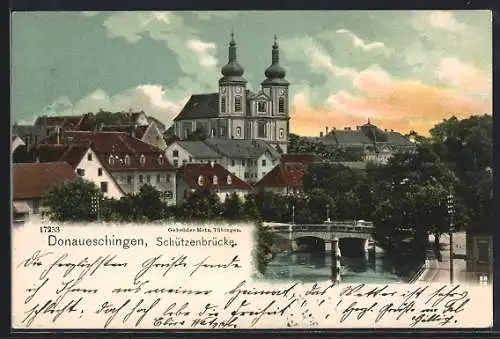 AK Donaueschingen, Schützenbrücke mit Stadtkirche