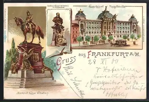 Lithographie Frankfurt, neues kaiserliches Postgebäude und Denkmal Kaiser Wilhelm I.