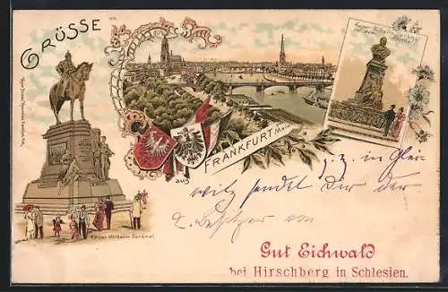 Lithographie Frankfurt, Kaiser-Wilhelm-Denkmal, Stadtpanorama