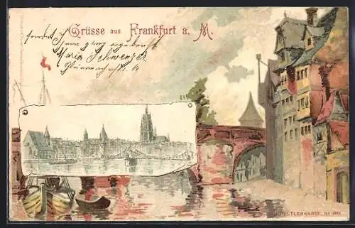 Lithographie Alt-Frankfurt, Panorama mit Brücke