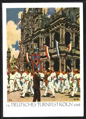 AK Köln, 14. Deutsches Turnfest 1928, Festzug der Athleten am Rathaus