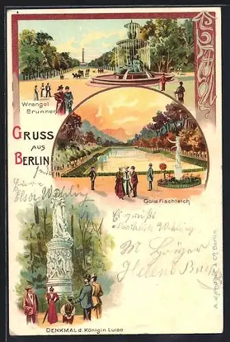 Lithographie Berlin-Tiergarten, Denkmal d. Königin Luise, Wrangelbrunnen und Goldfischteich