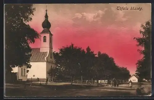 AK Tofalu, Közseg, Ortsansicht mit Kirche