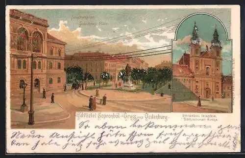 Lithographie Oedenburg, Szechenyi-Platz, Dominikaner-Kirche