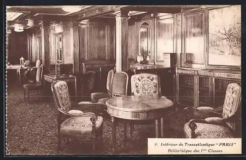 AK Intérieur du Transatlantique Paris, Bibliothèque des 1. Classes, Passagierschiff