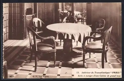 AK Intérieur du Transatlantique Paris, Salle à manger d`une Cabine de grand luxe, Passagierschiff