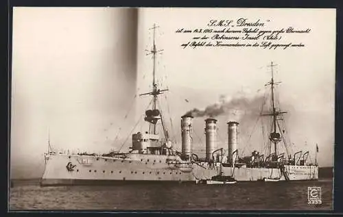 AK Kriegsschiff SMS Dresden, am 14.3.1915 vor der Robinson-Insel gesprengt