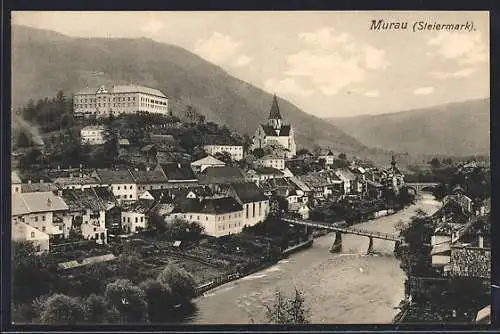 AK Murau /Steiermark, Ortsansicht mit Brücke und Bergpanorama